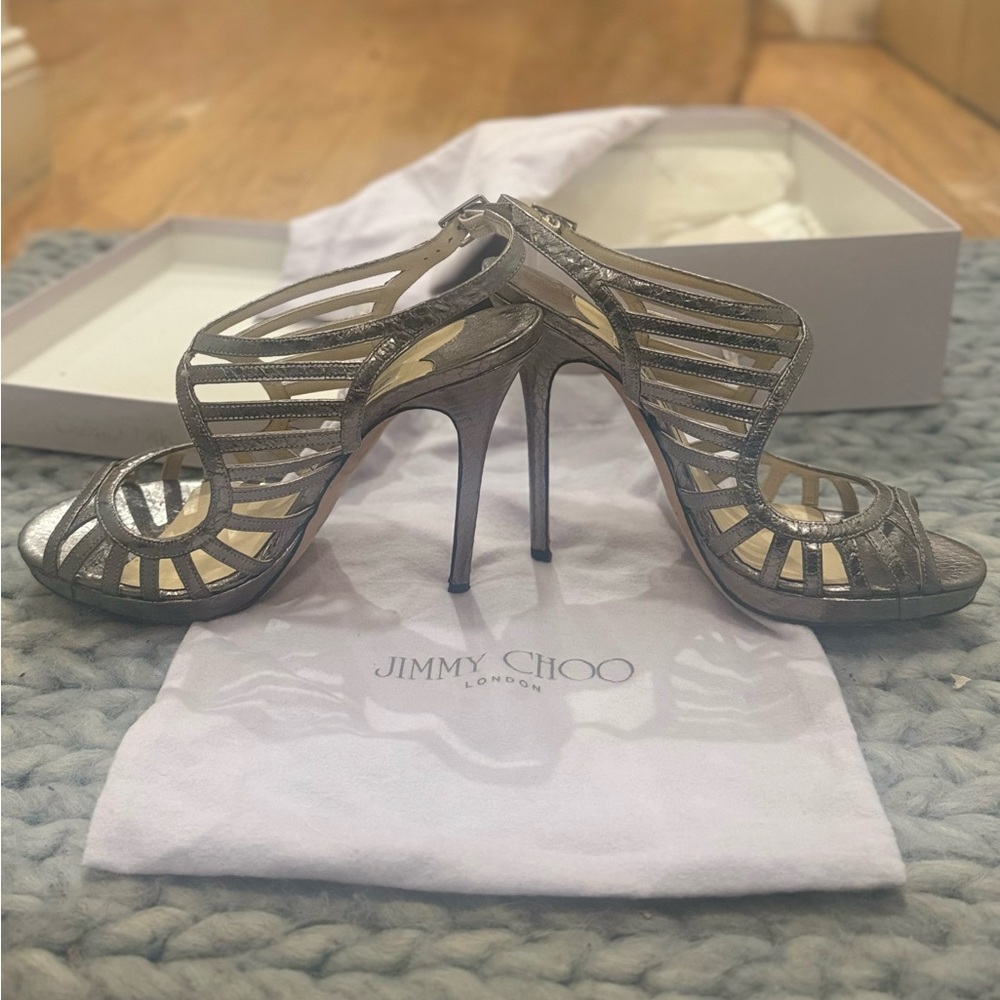 US 9.5 (39.5) Jimmy Choo Silver Peep-Toe Slingback Heels